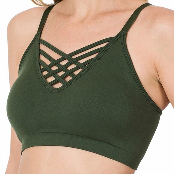 2X/3X Army Green Front V Lattice Bralette + bra padding adjustable straps Zenana - Picture 15 of 16